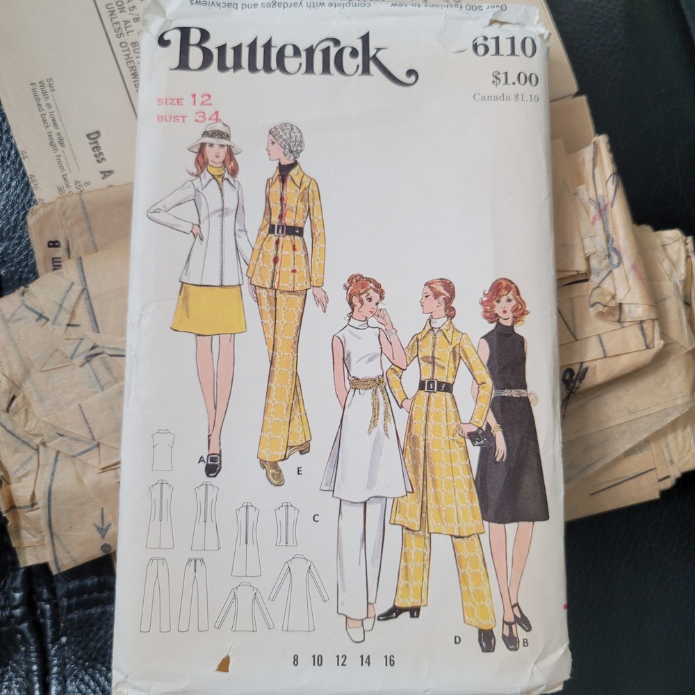 Vintage Butterick 6110 Sewing Pattern 1970s Dress Jacket Pants Size 12 Bust 34